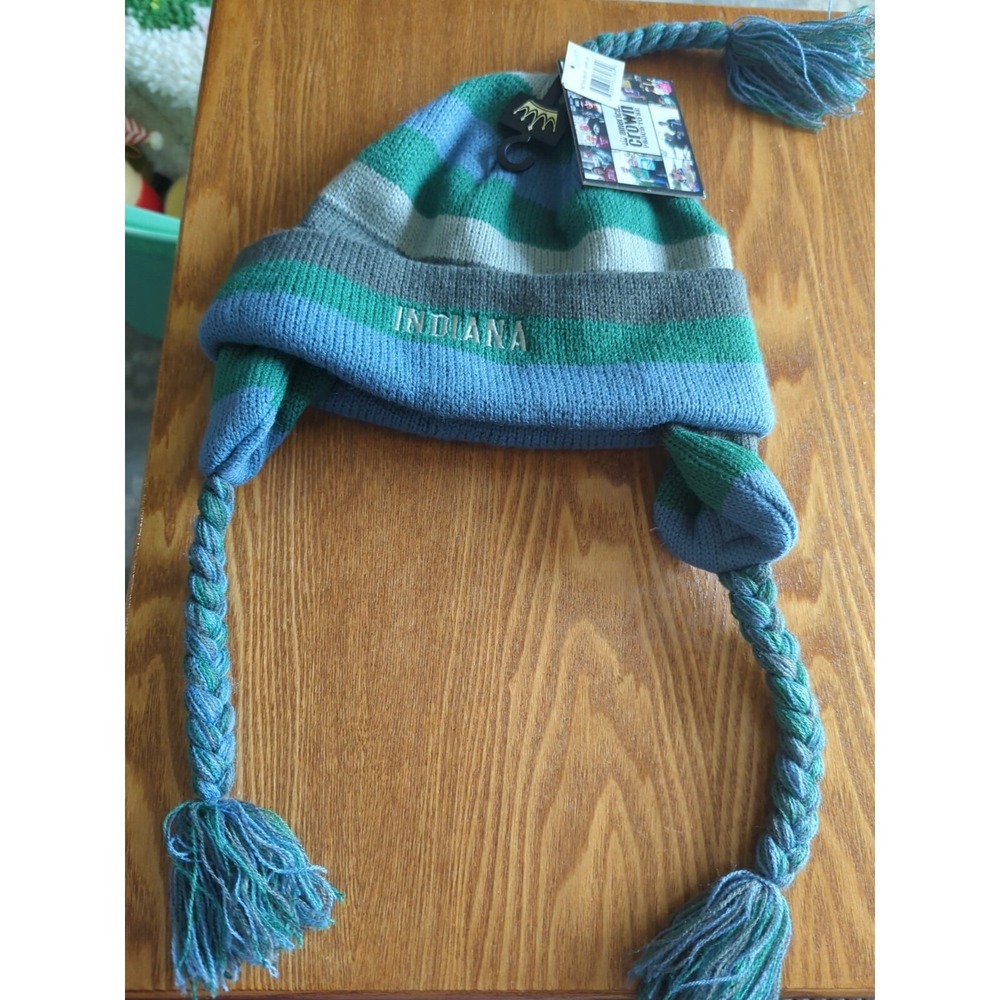 American Crown Adult Knit Beanie Cap With Braids Indiana Green Gray NWT